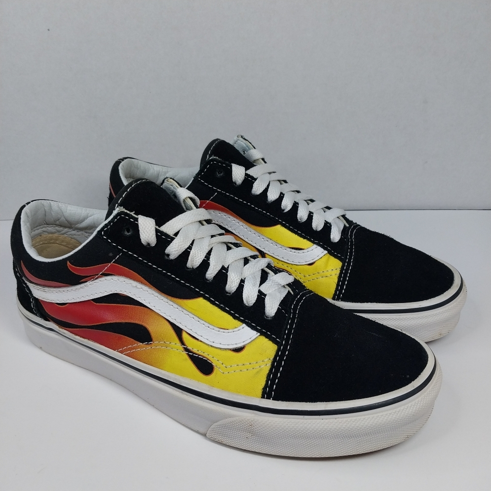 Vans Off The Wall Womens Sz 8 Old Skool Flames Skateboard Black Suede Sneakers